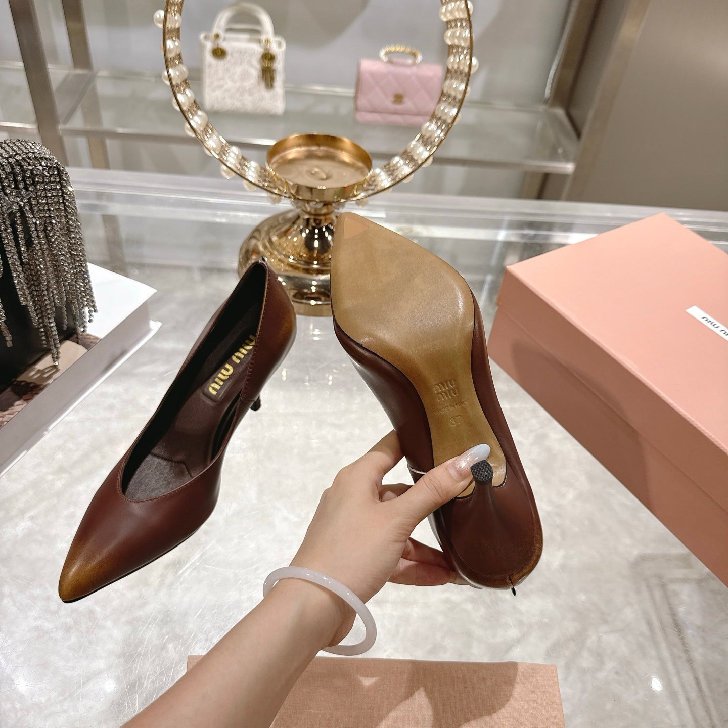 Miu High Heel Pumps Brown Sheepskin 592077