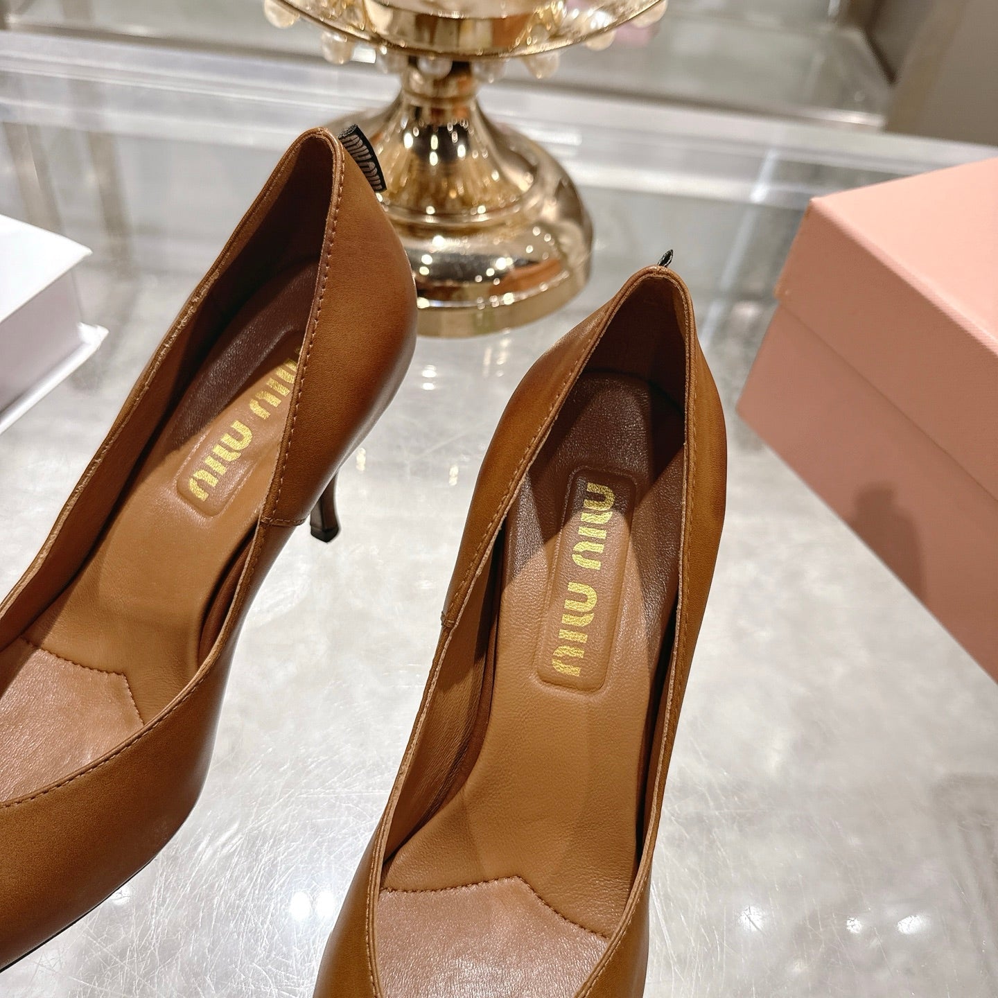 Miu High Heel Pumps Camel Brown Sheepskin 592079