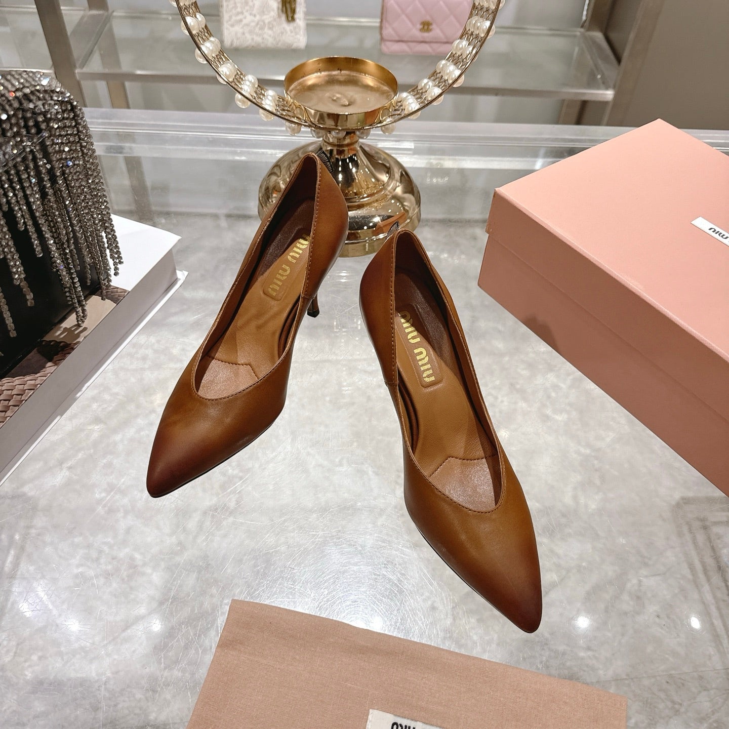 Miu High Heel Pumps Camel Brown Sheepskin 592079