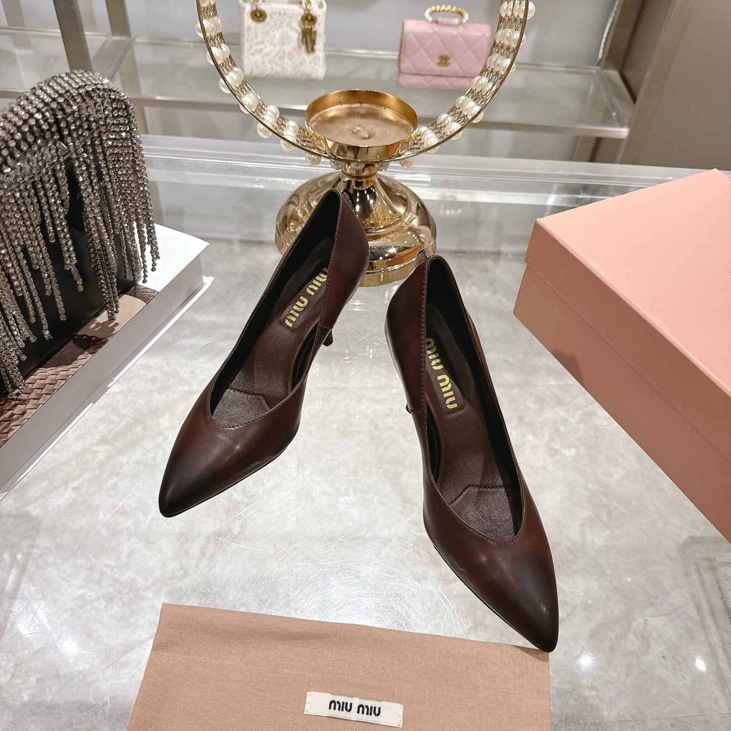 Miu High Heel Pumps Chocolate Brown Sheepskin 592080