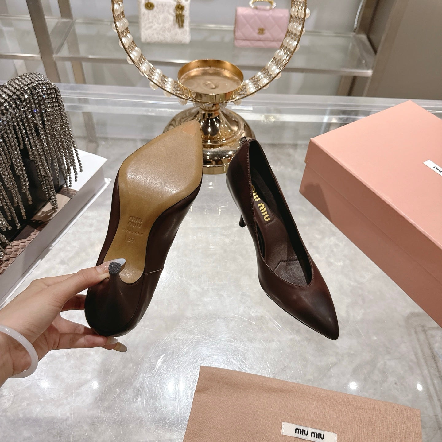 Miu High Heel Pumps Chocolate Brown Sheepskin 592080