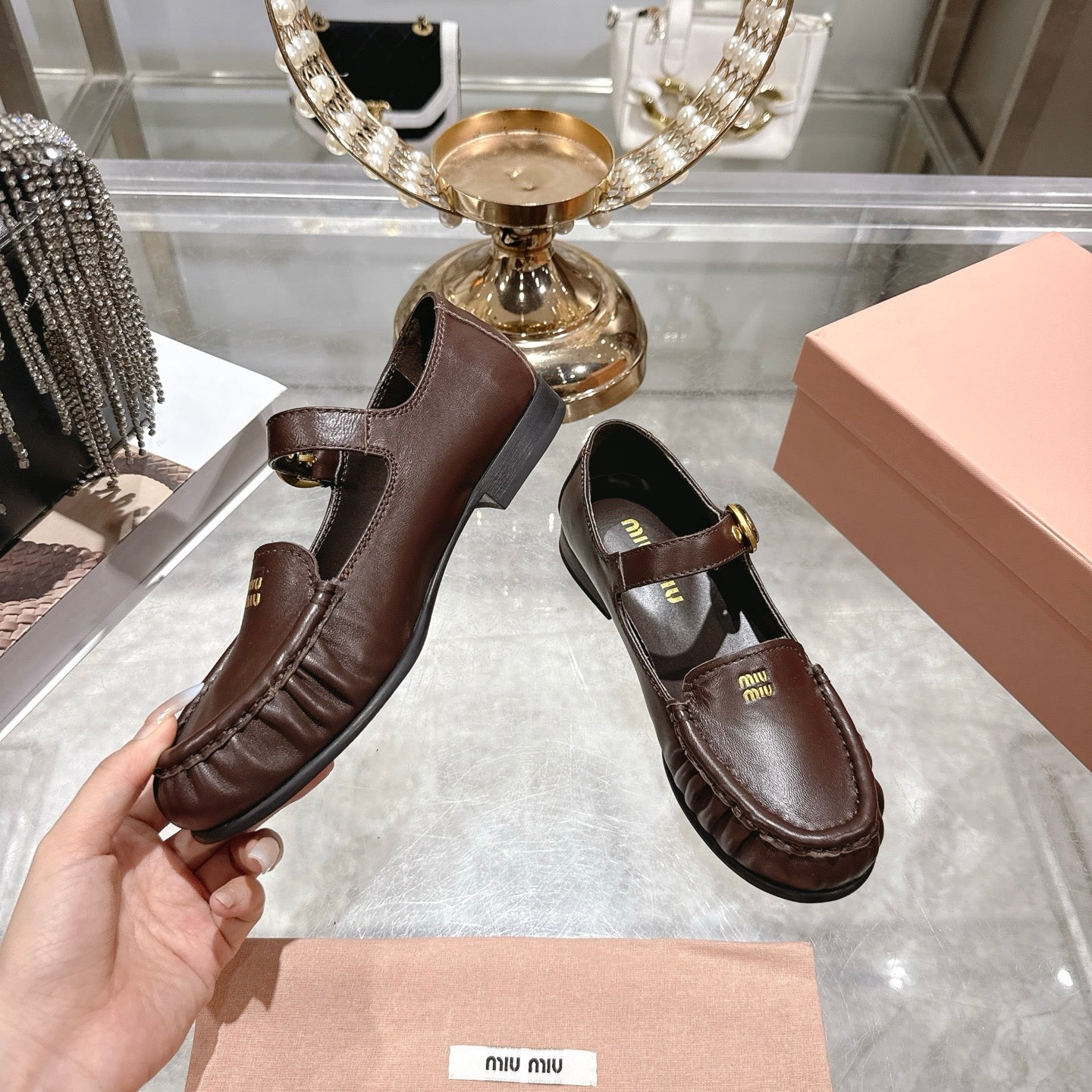 Miu Mary Jane Ballet Flats Brown Leather 592042