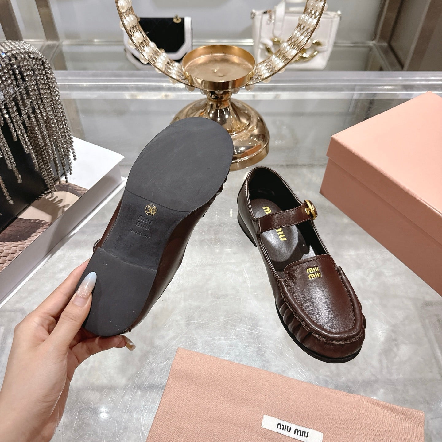 Miu Mary Jane Ballet Flats Brown Leather 592042