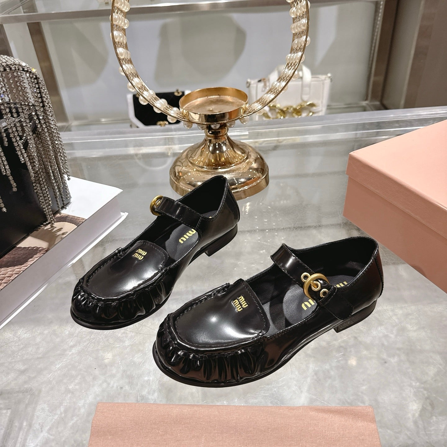 Miu Mary Jane Ballet Flats Black Calfskin 592043