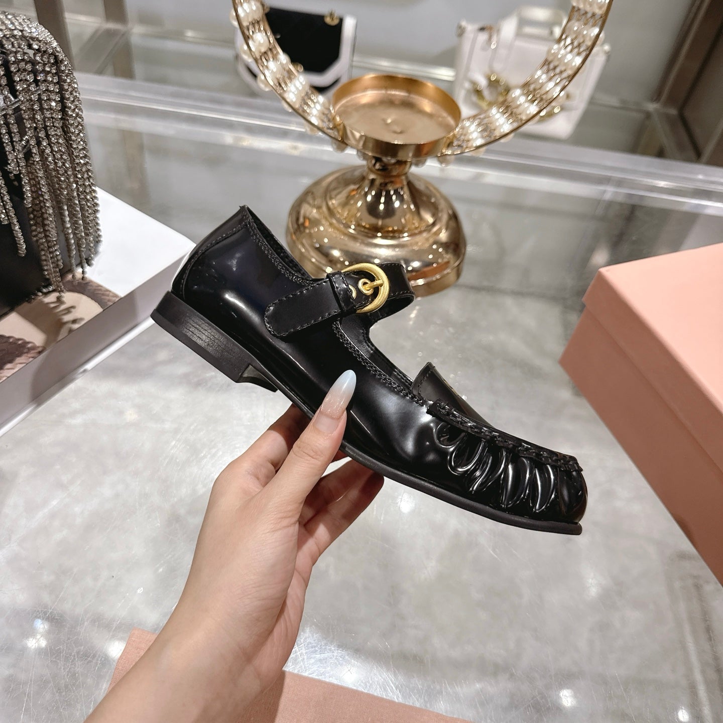 Miu Mary Jane Ballet Flats Black Calfskin 592043