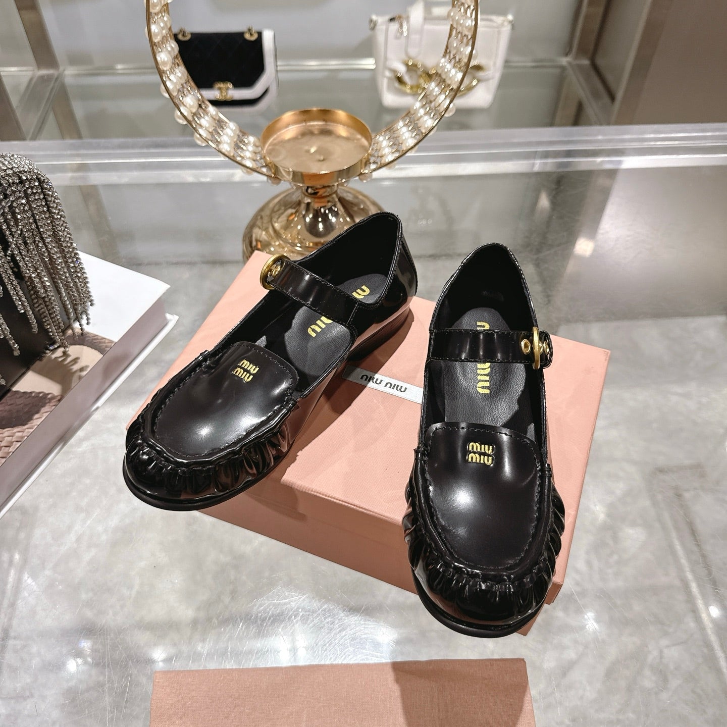 Miu Mary Jane Ballet Flats Black Calfskin 592043