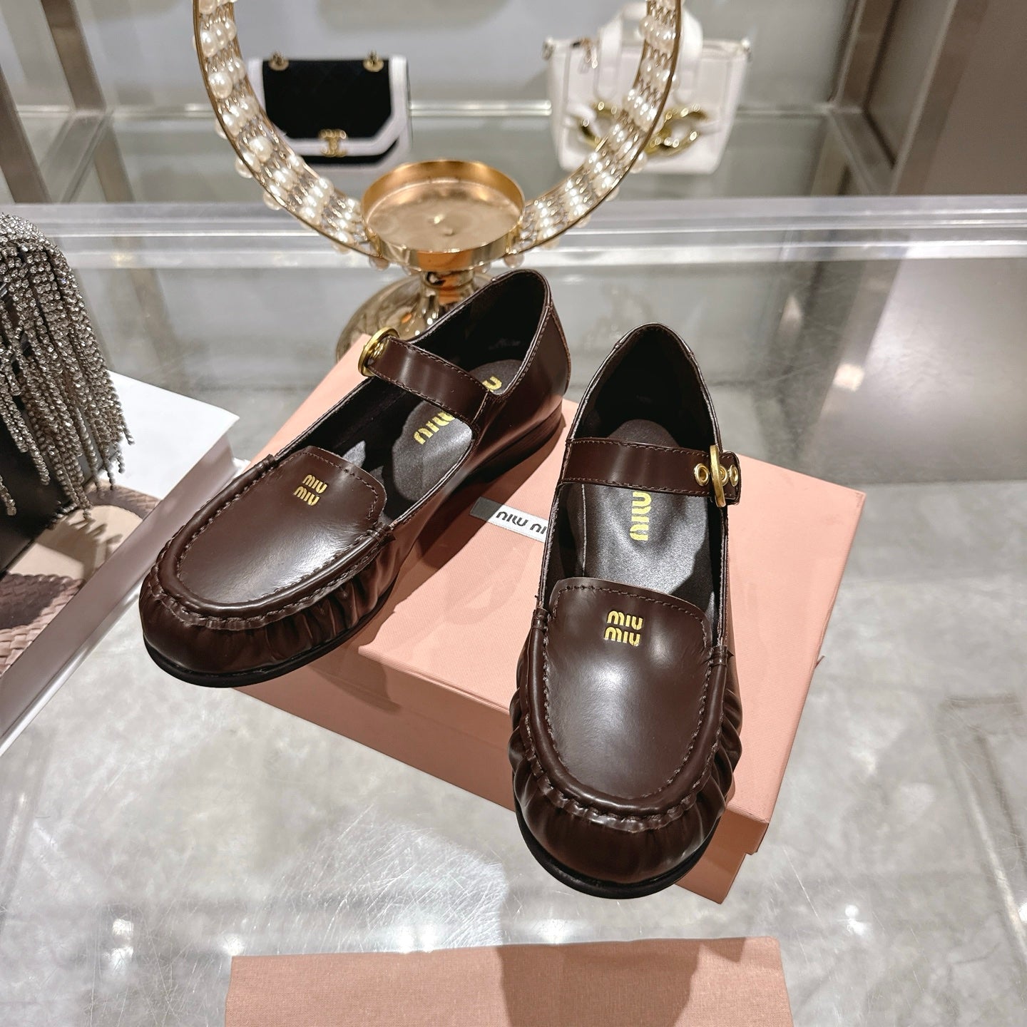 Miu Mary Jane Ballet Flats Brown Calfskin 592044