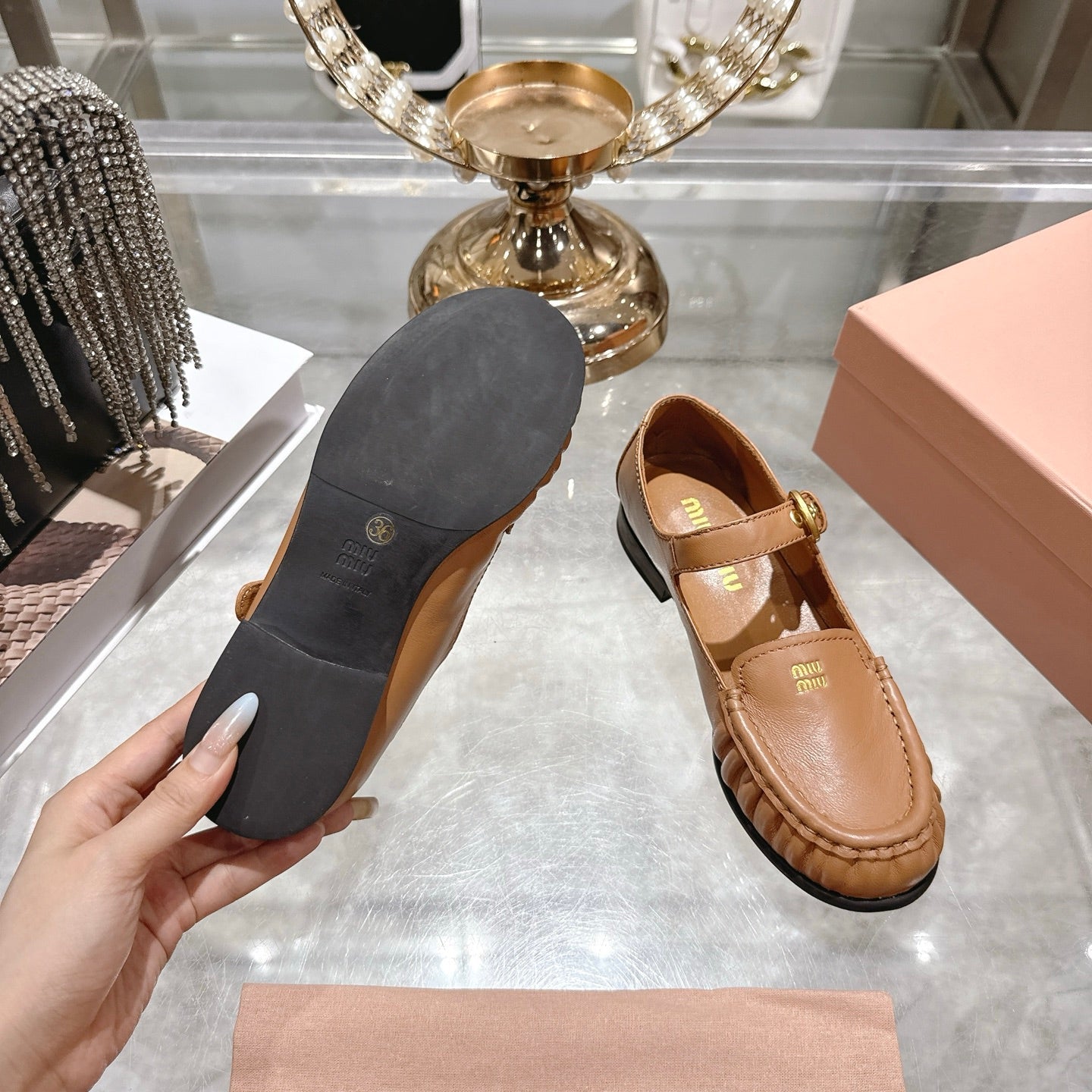 Miu Mary Jane Ballet Flats Camel Brown Calfskin 592045