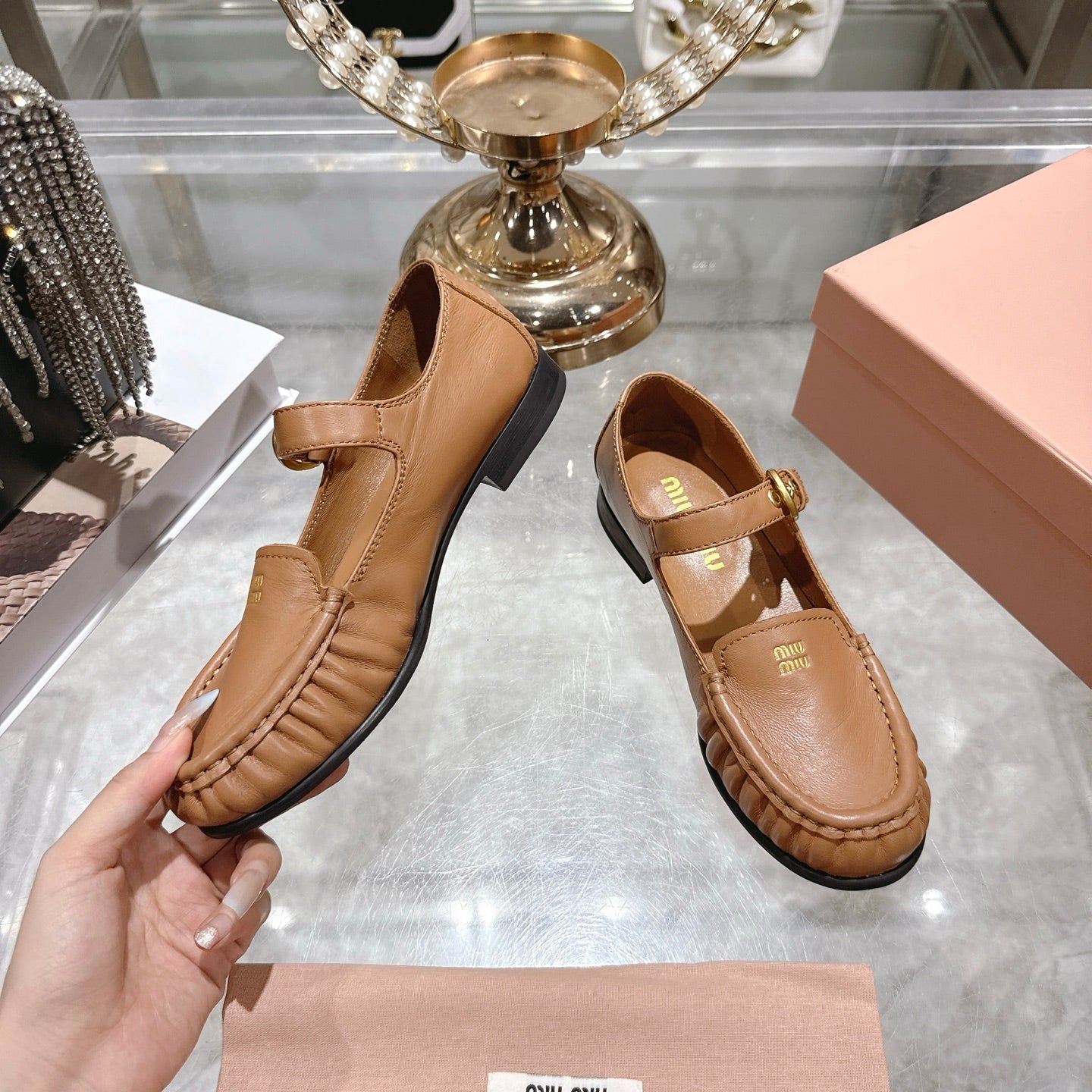 Miu Mary Jane Ballet Flats Camel Brown Calfskin 592045