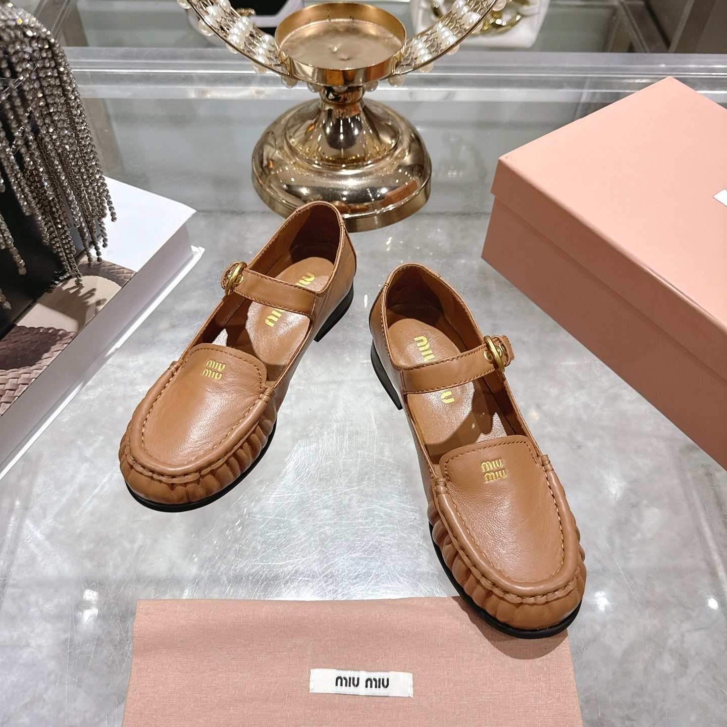 Miu Mary Jane Ballet Flats Camel Brown Calfskin 592045