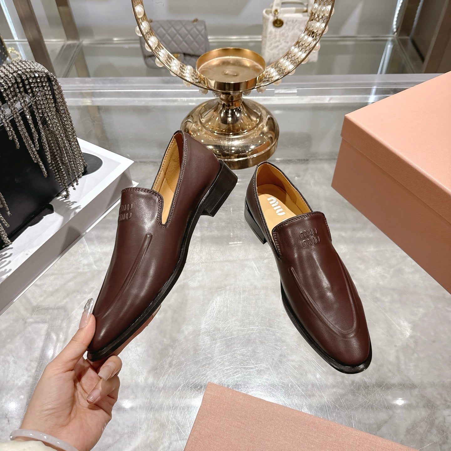 Miu Distressed Loafers Brown Cowhide 592053