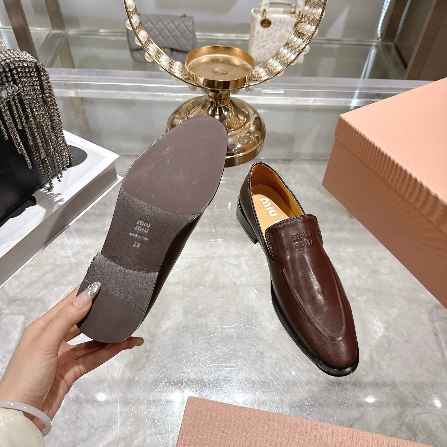 Miu Distressed Loafers Brown Cowhide 592053