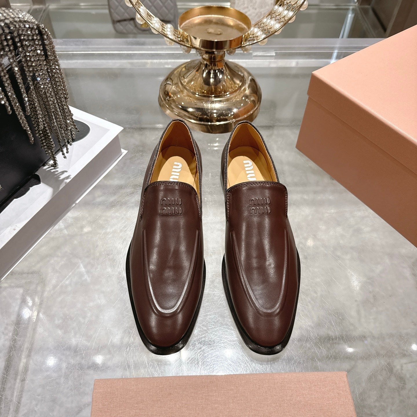 Miu Distressed Loafers Brown Cowhide 592053