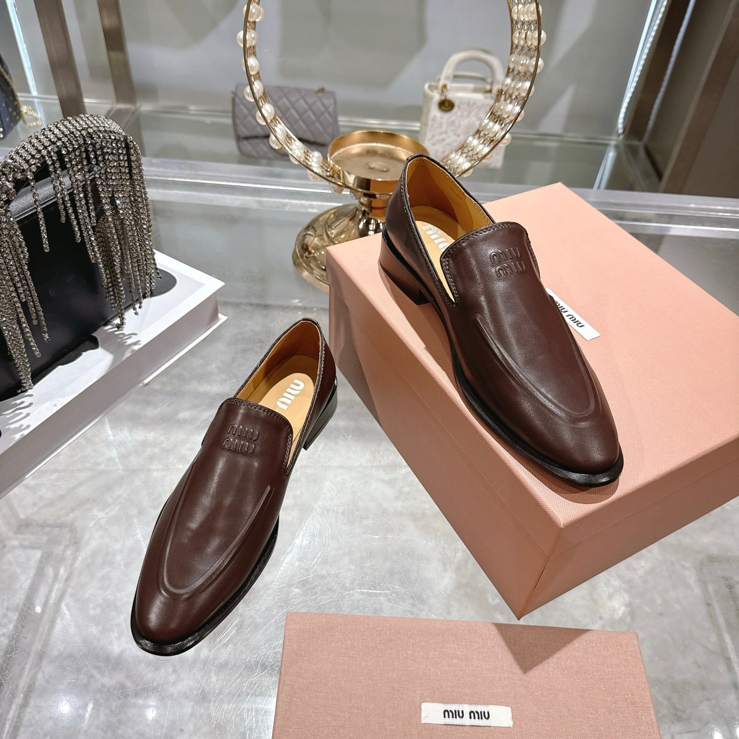 Miu Distressed Loafers Brown Cowhide 592053