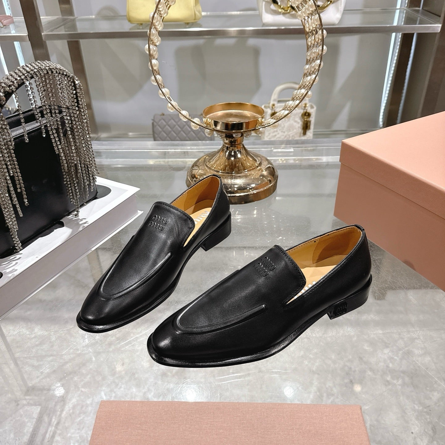 Miu Distressed Loafers Black Cowhide 592054