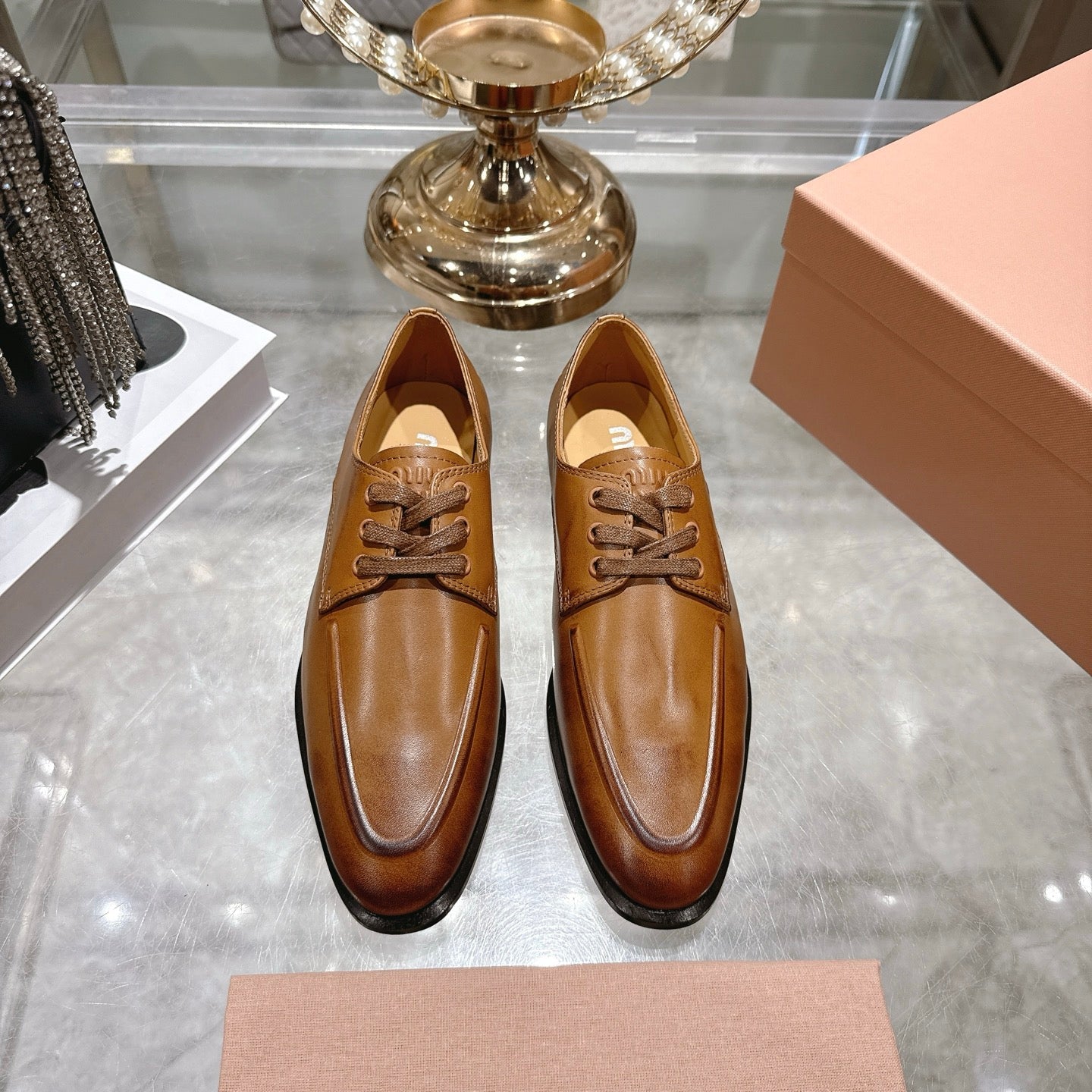 Miu Distressed Loafers Camel Brown Cowhide 592057