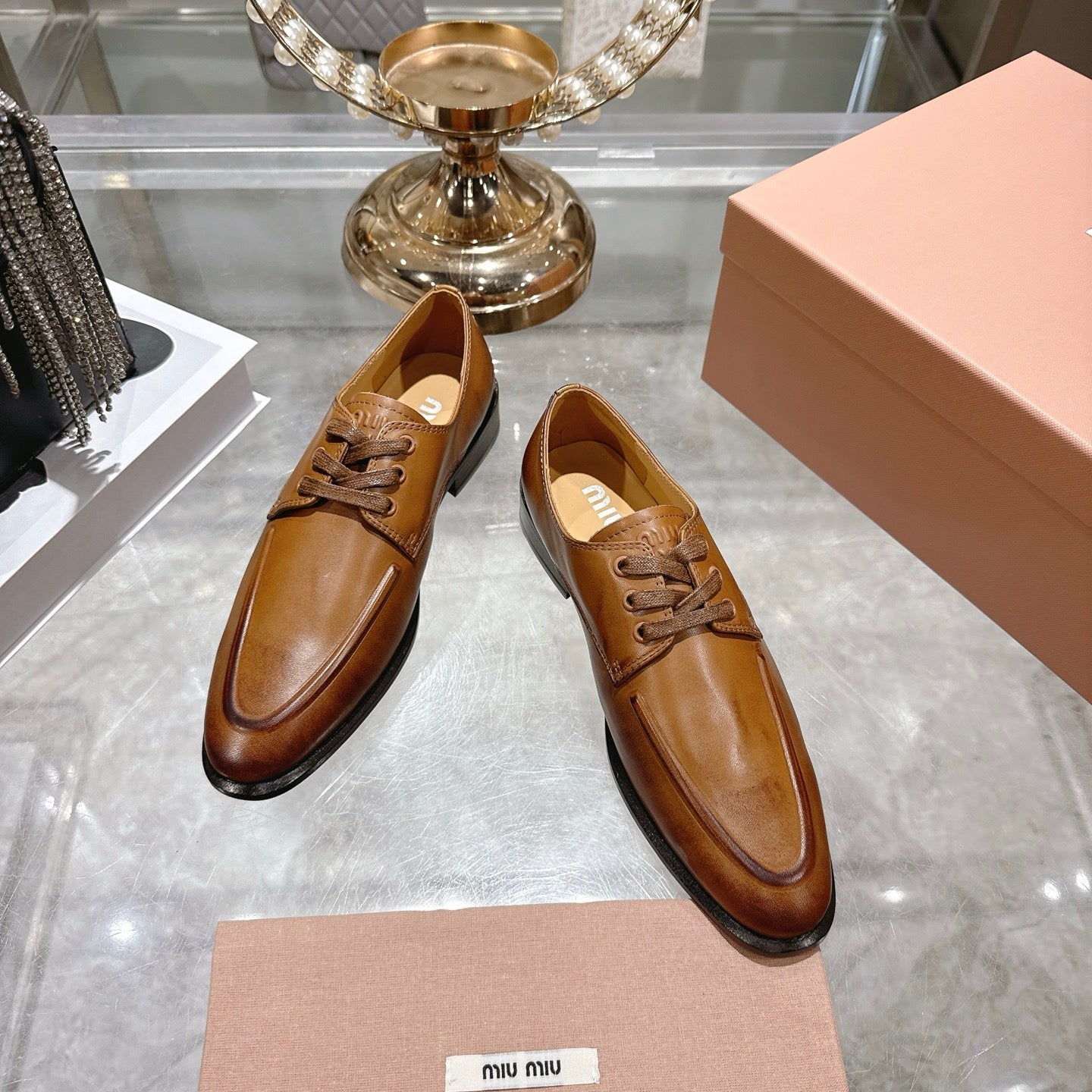 Miu Distressed Loafers Camel Brown Cowhide 592057