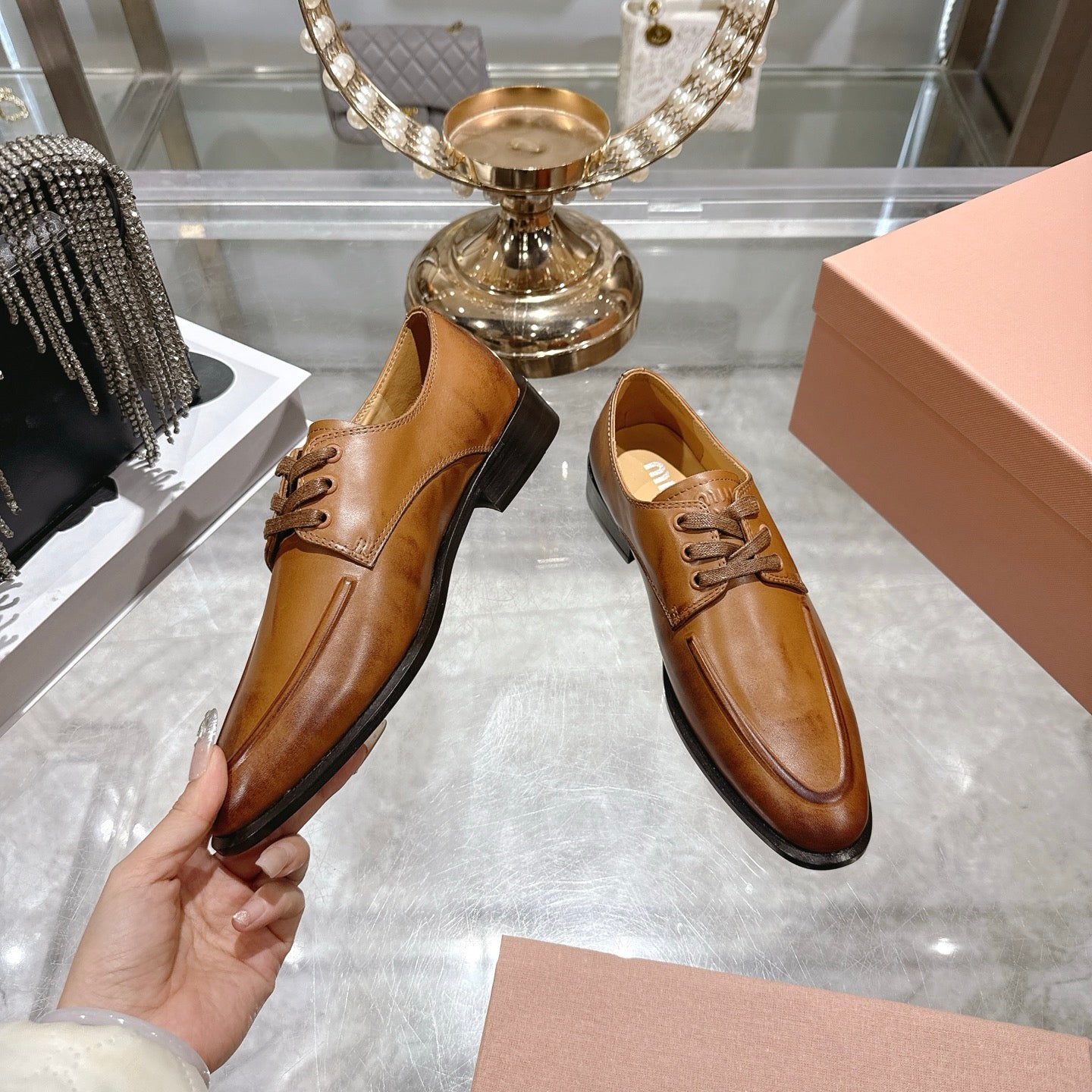 Miu Distressed Loafers Camel Brown Cowhide 592057