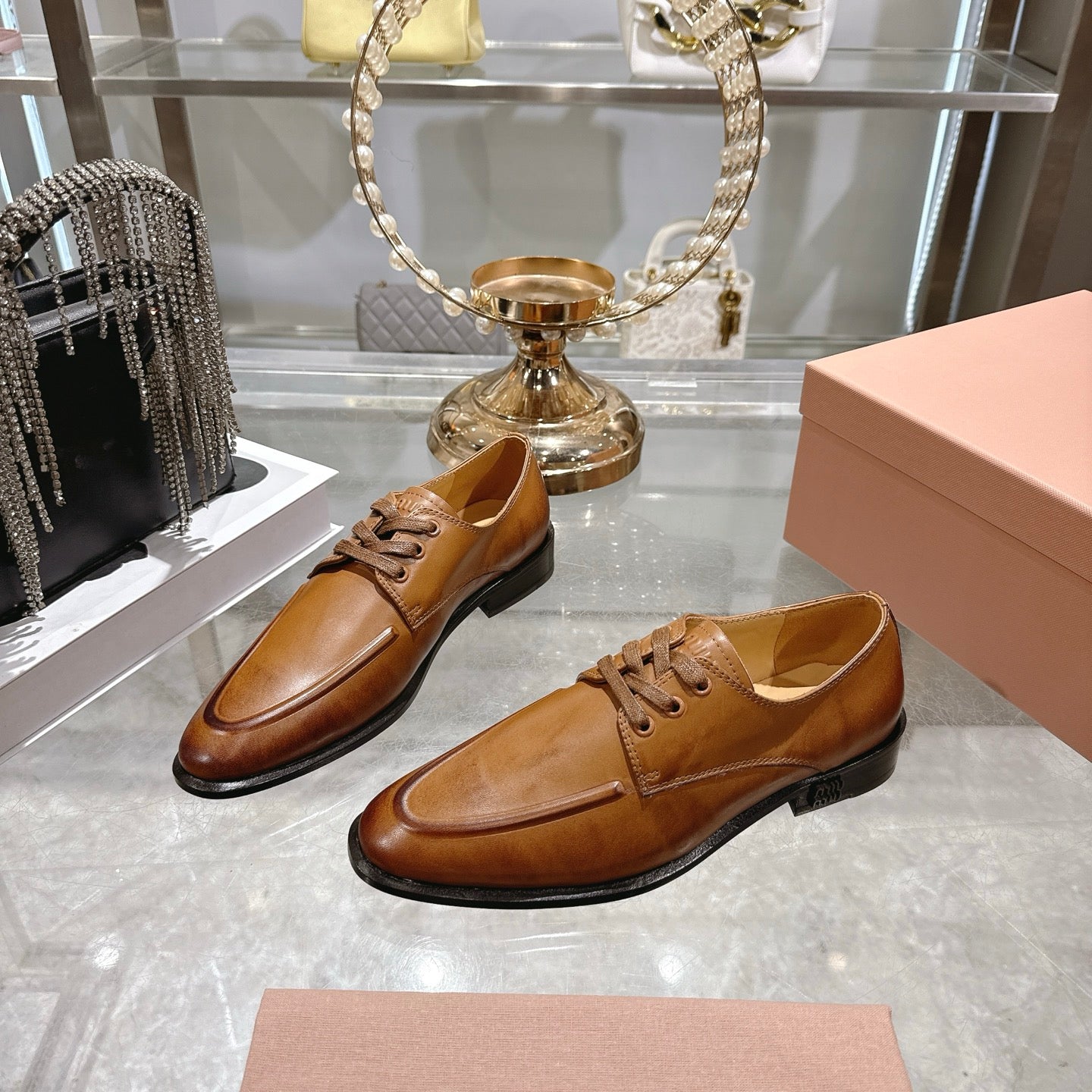 Miu Distressed Loafers Camel Brown Cowhide 592057