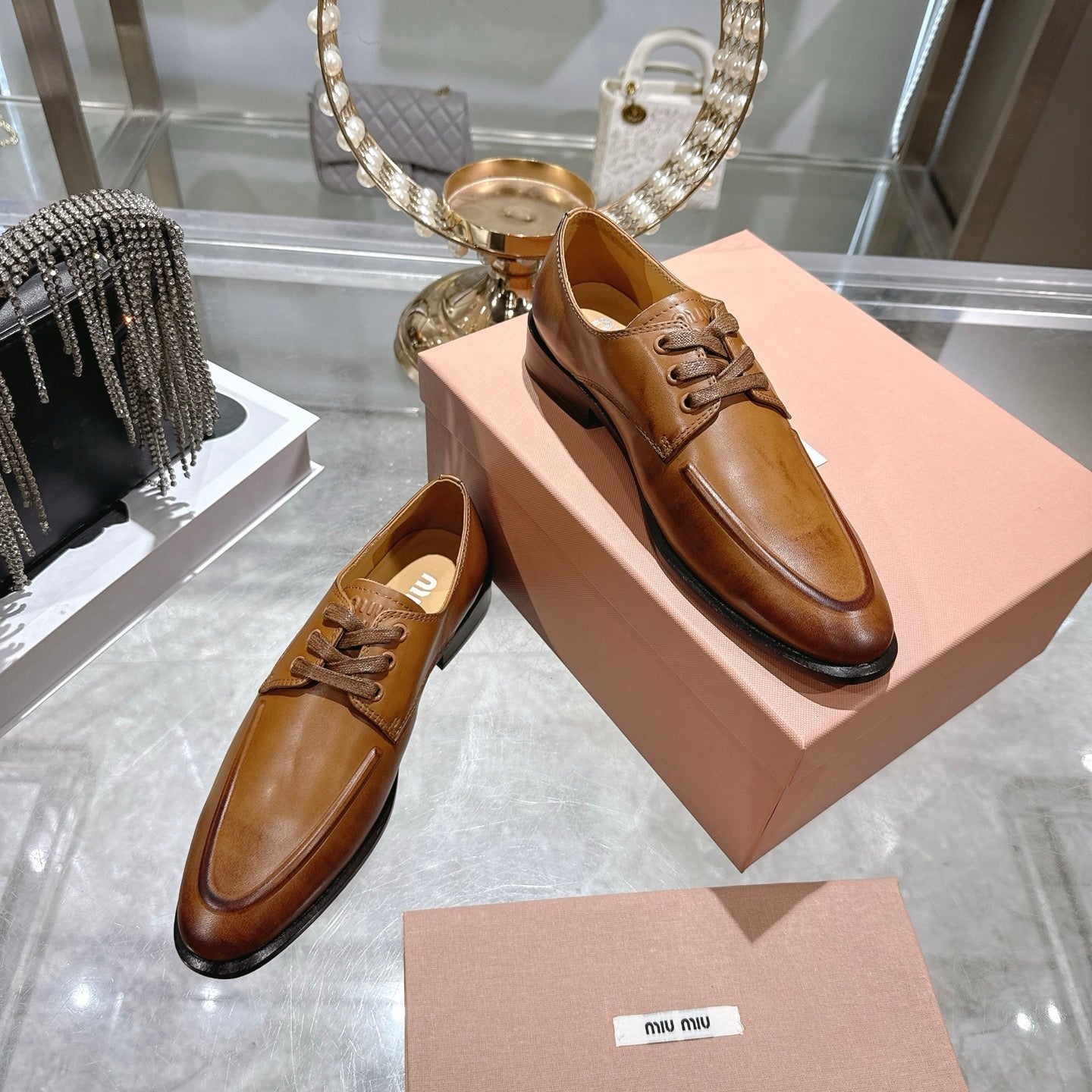 Miu Distressed Loafers Camel Brown Cowhide 592057