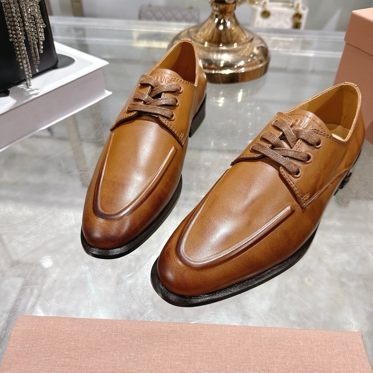 Miu Distressed Loafers Camel Brown Cowhide 592057