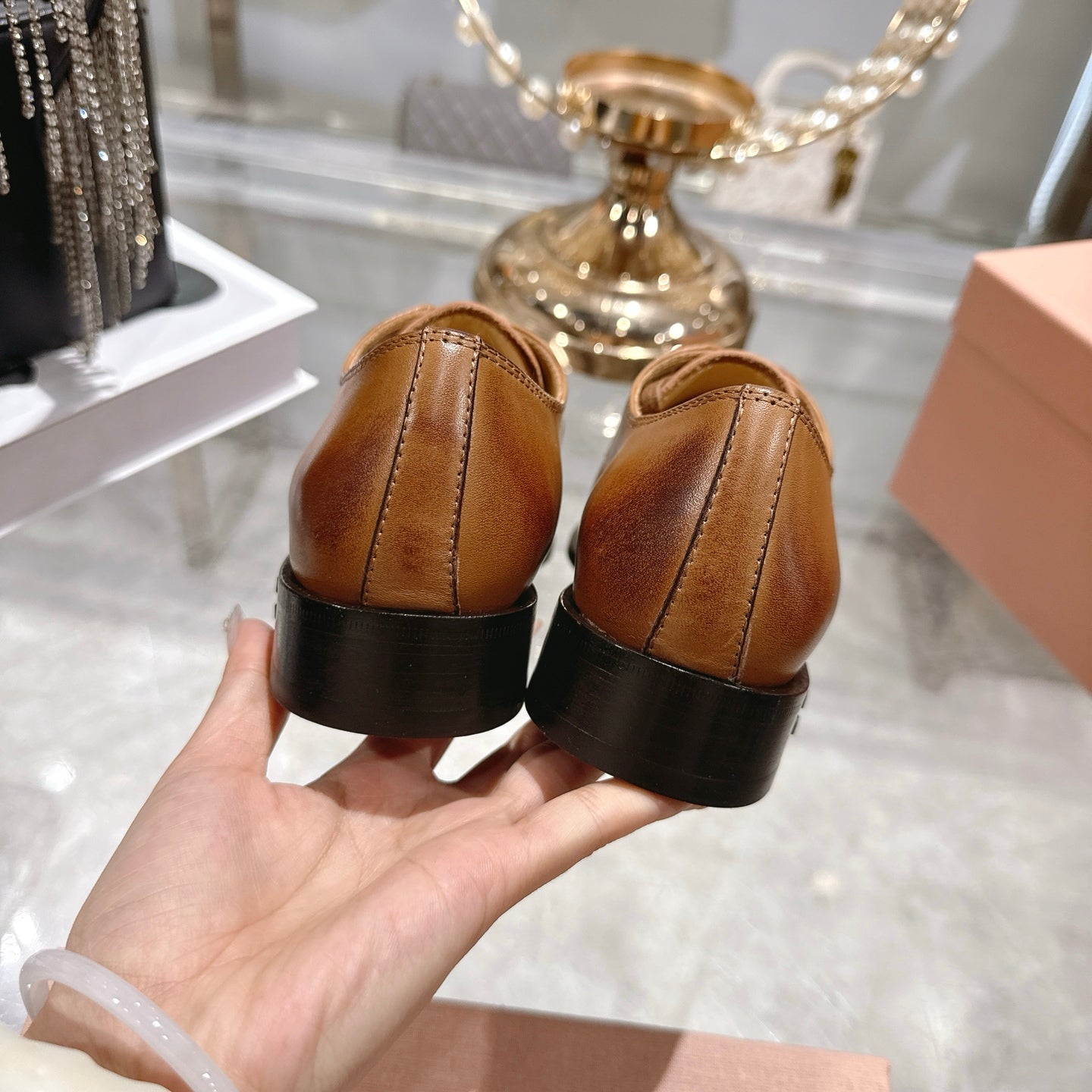 Miu Distressed Loafers Camel Brown Cowhide 592057