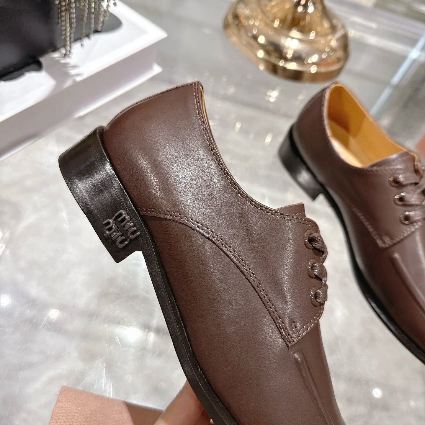 Miu Distressed Loafers  Brown Cowhide 592058