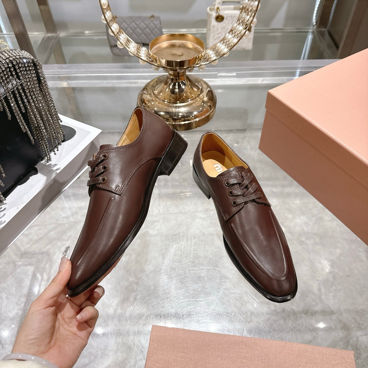 Miu Distressed Loafers  Brown Cowhide 592058