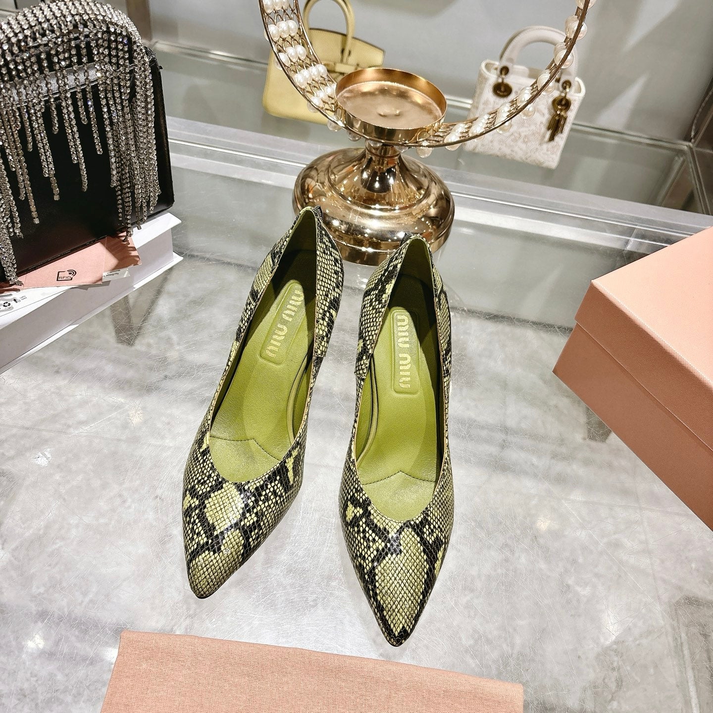 Miu High Heel Pumps Green Black Snakeskin 592073