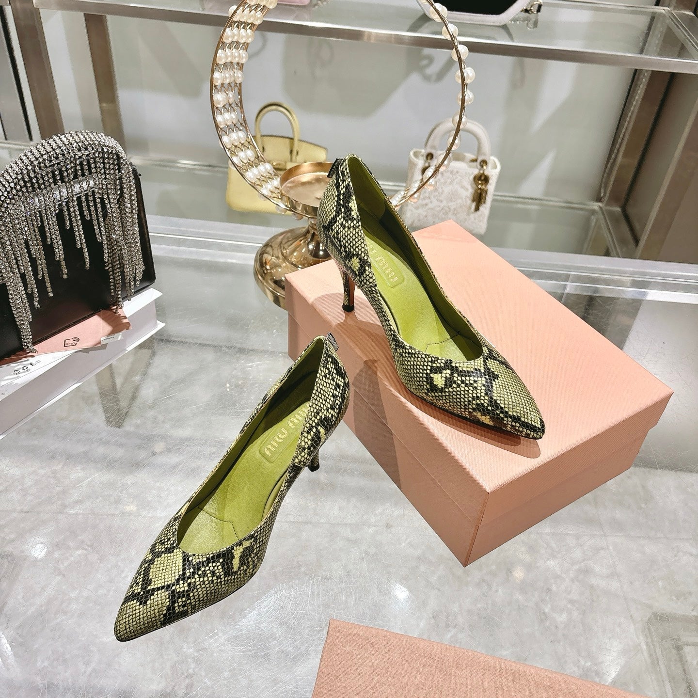 Miu High Heel Pumps Green Black Snakeskin 592073