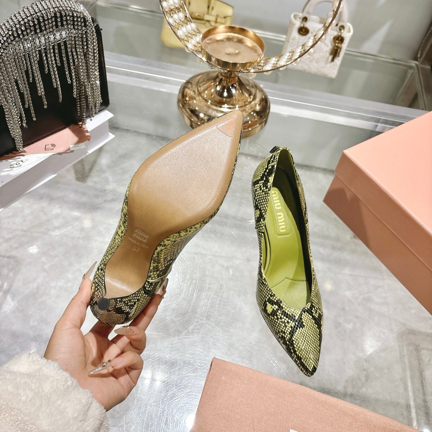 Miu High Heel Pumps Green Black Snakeskin 592073