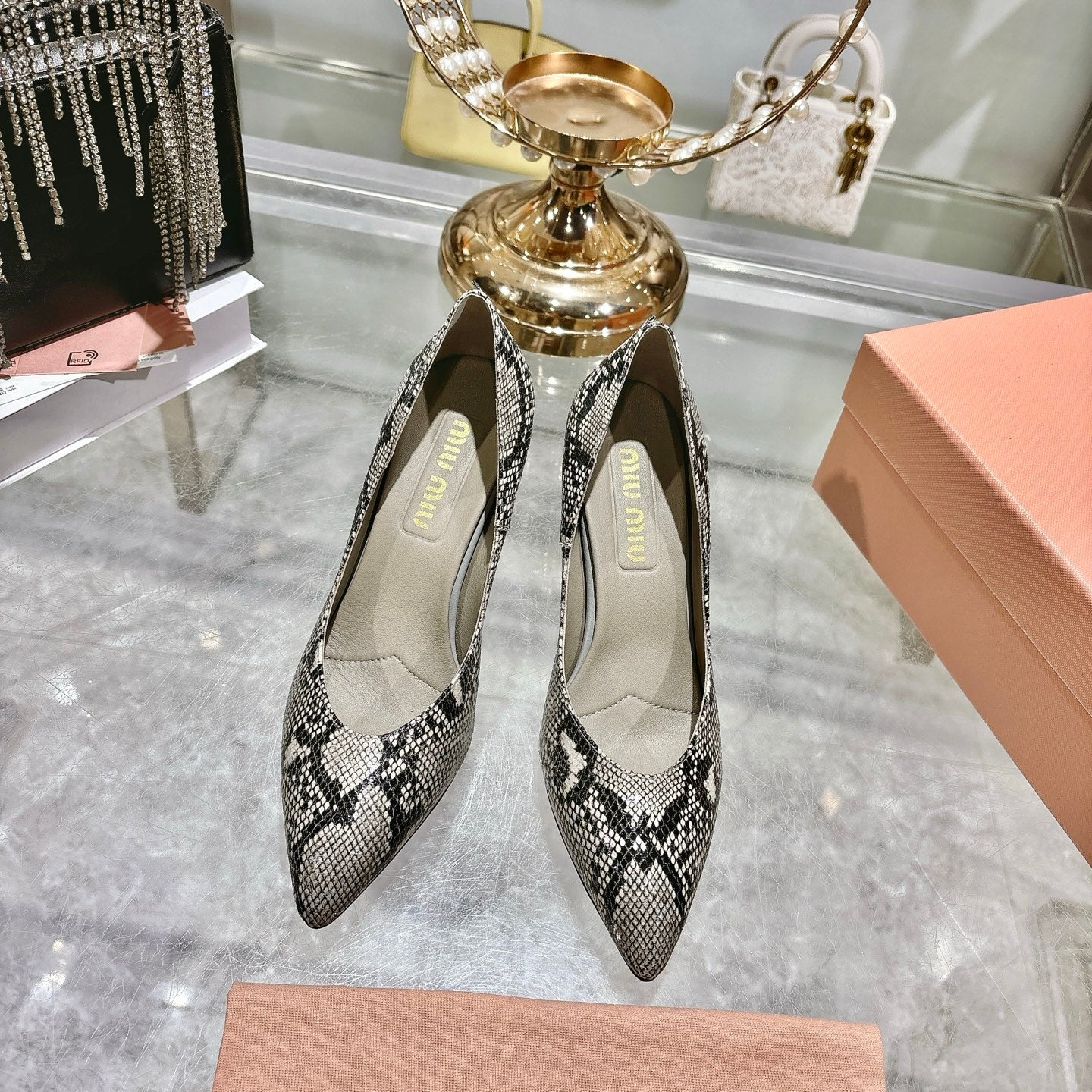 Miu High Heel Pumps Gray Black Snakeskin 592074