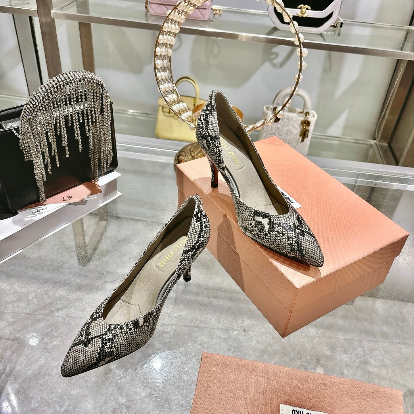 Miu High Heel Pumps Gray Black Snakeskin 592074