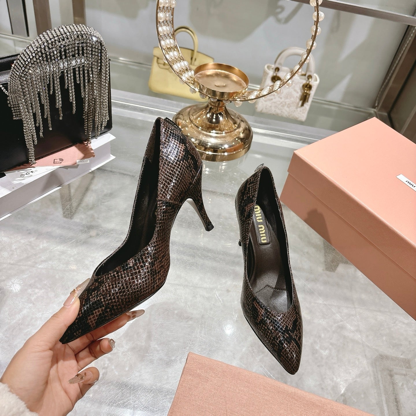 Miu High Heel Pumps Brown Black Snakeskin 592075