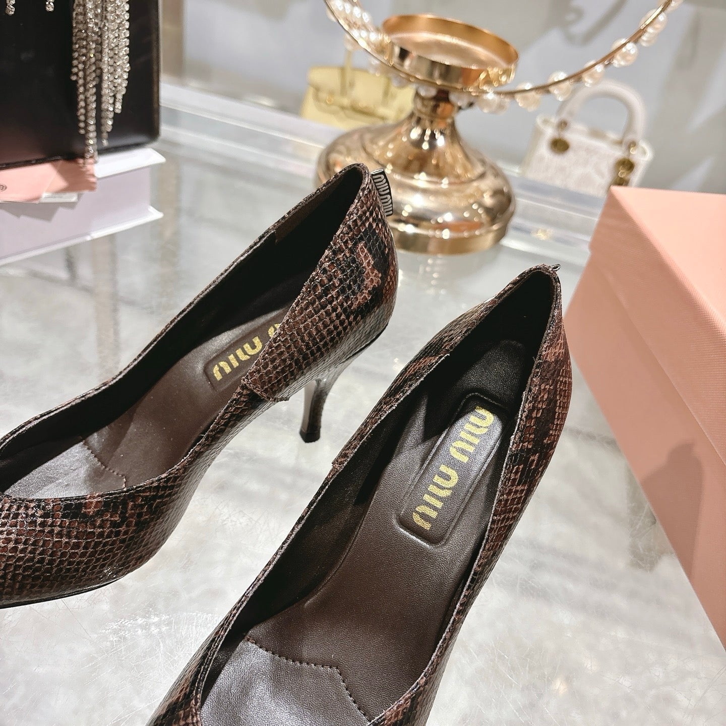 Miu High Heel Pumps Brown Black Snakeskin 592075