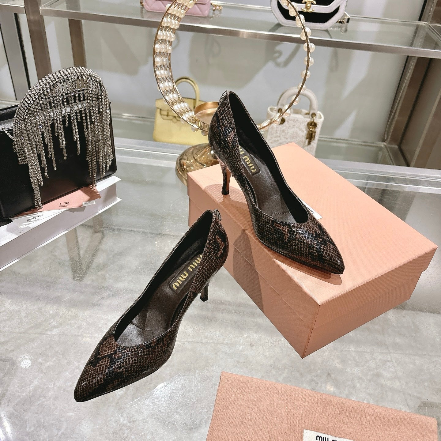 Miu High Heel Pumps Brown Black Snakeskin 592075