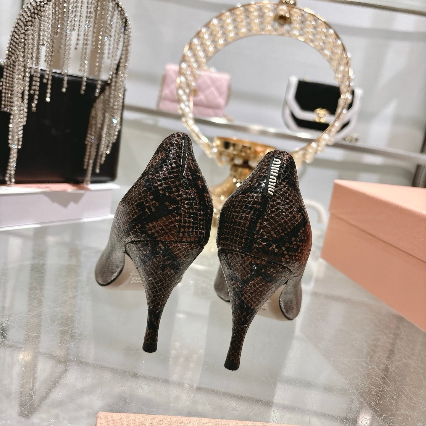 Miu High Heel Pumps Brown Black Snakeskin 592075