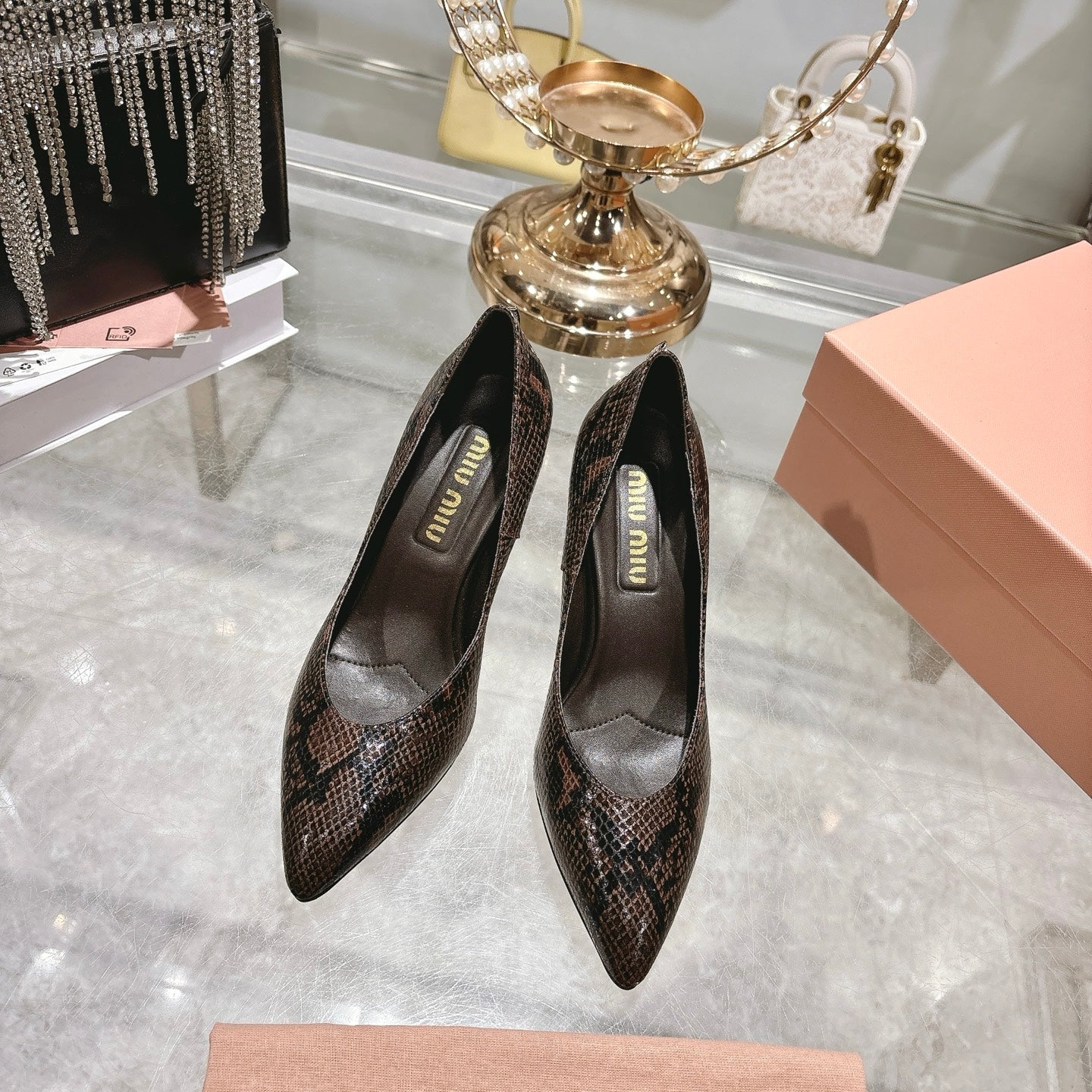 Miu High Heel Pumps Brown Black Snakeskin 592075