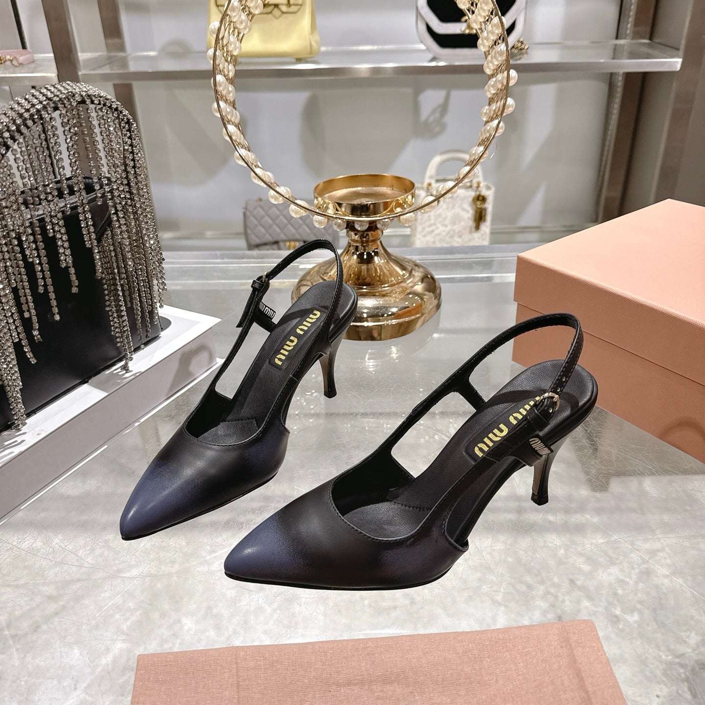 Miu 26 High Heel Slingback 75 Black Cowhide 592081