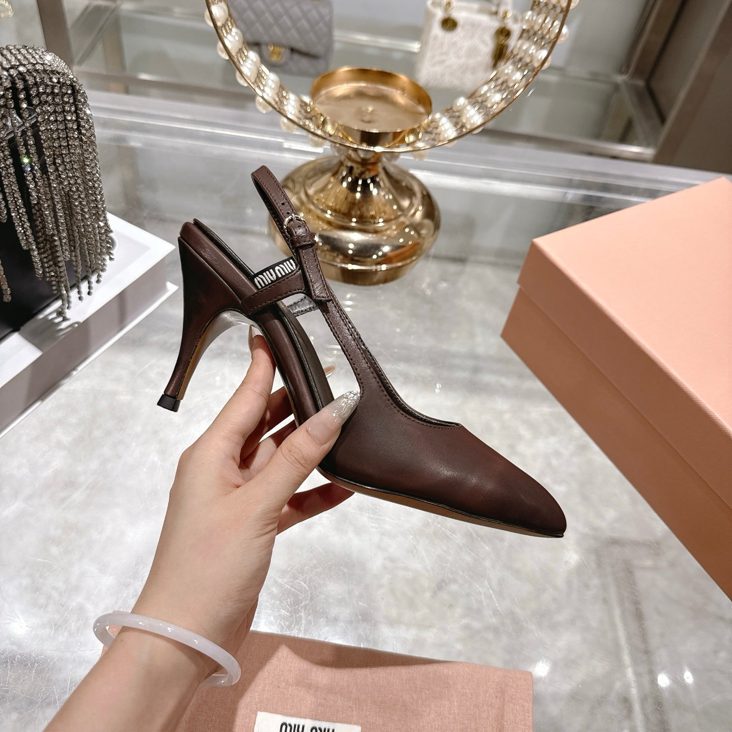Miu 26 High Heel Slingback 75 Brown Chocolate Cowhide 592082