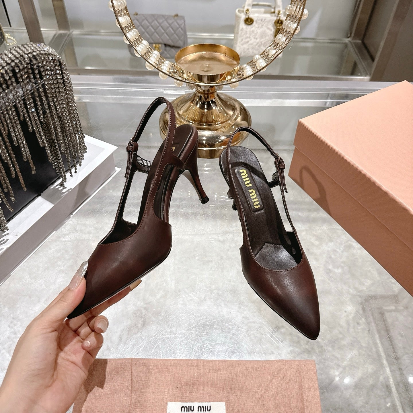Miu 26 High Heel Slingback 75 Brown Chocolate Cowhide 592082