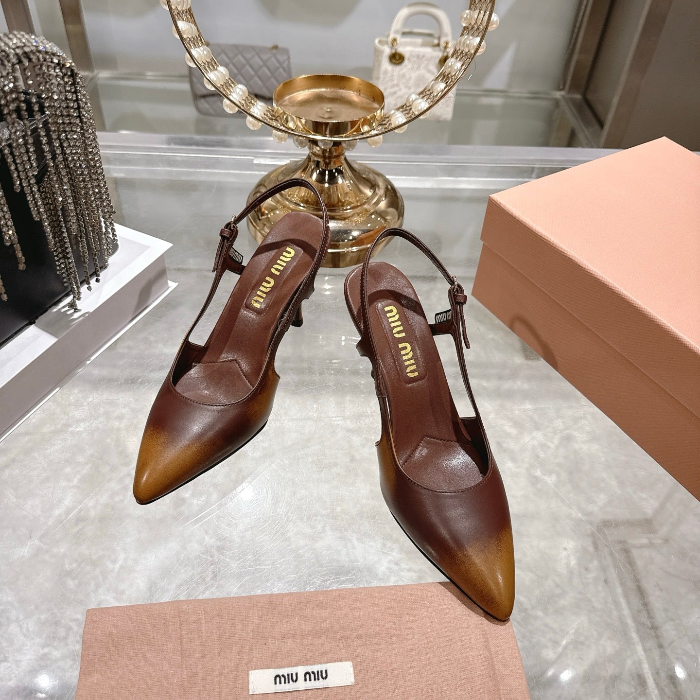 Miu 26 High Heel Slingback 75 Camel Brown Cowhide 592083