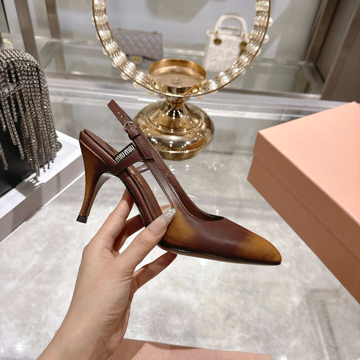 Miu 26 High Heel Slingback 75 Camel Brown Cowhide 592083