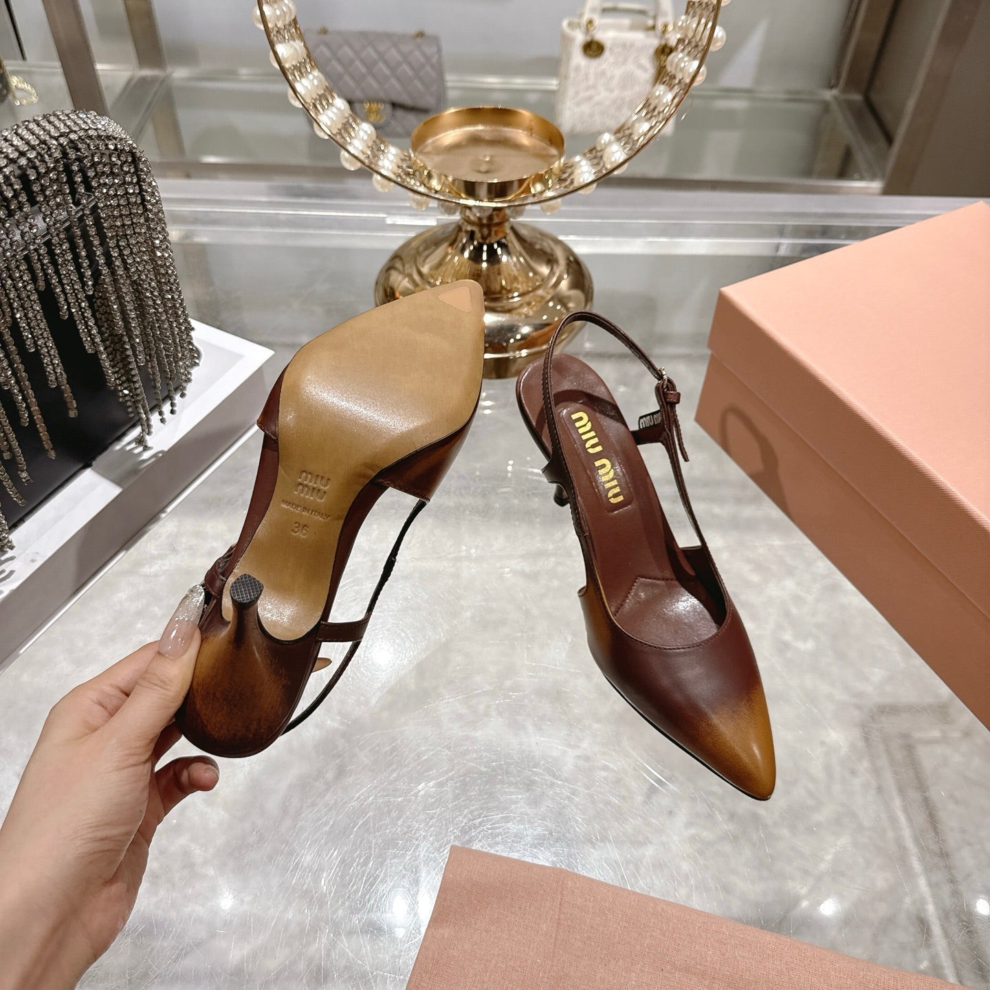 Miu 26 High Heel Slingback 75 Camel Brown Cowhide 592083