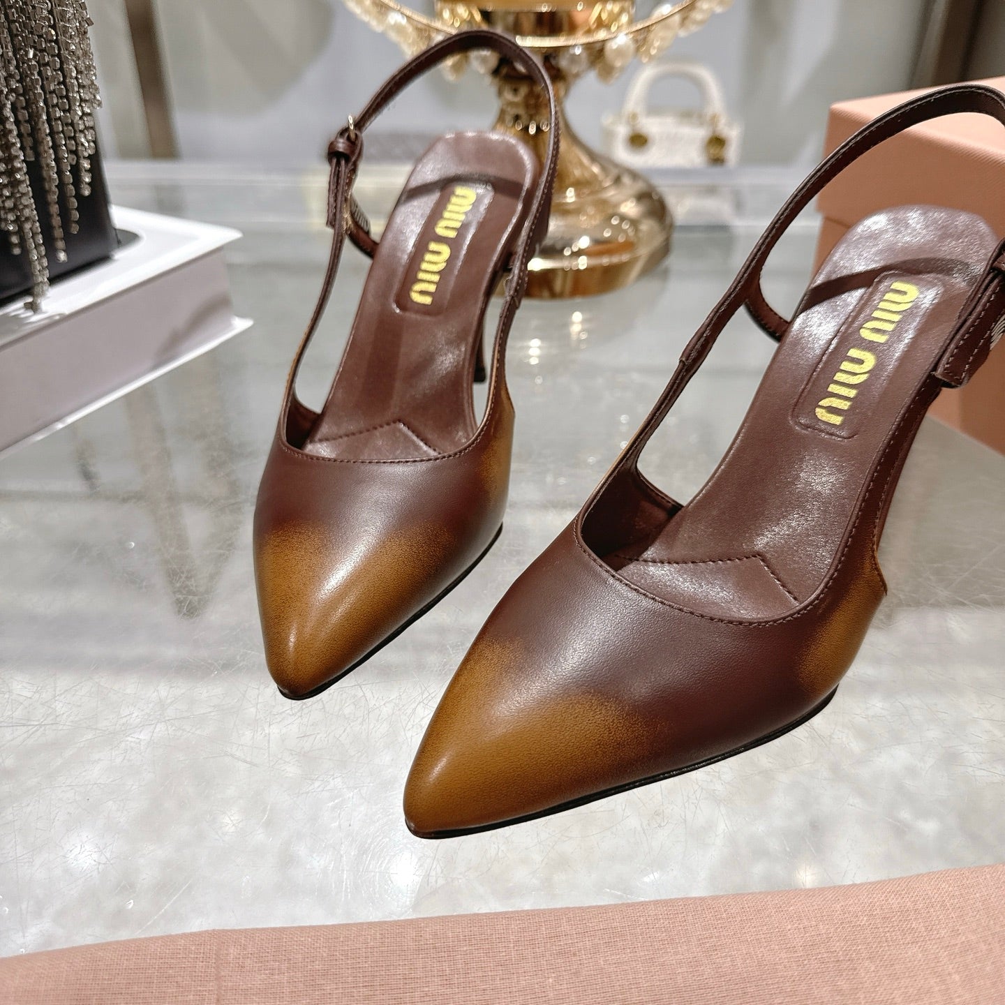 Miu 26 High Heel Slingback 75 Camel Brown Cowhide 592083
