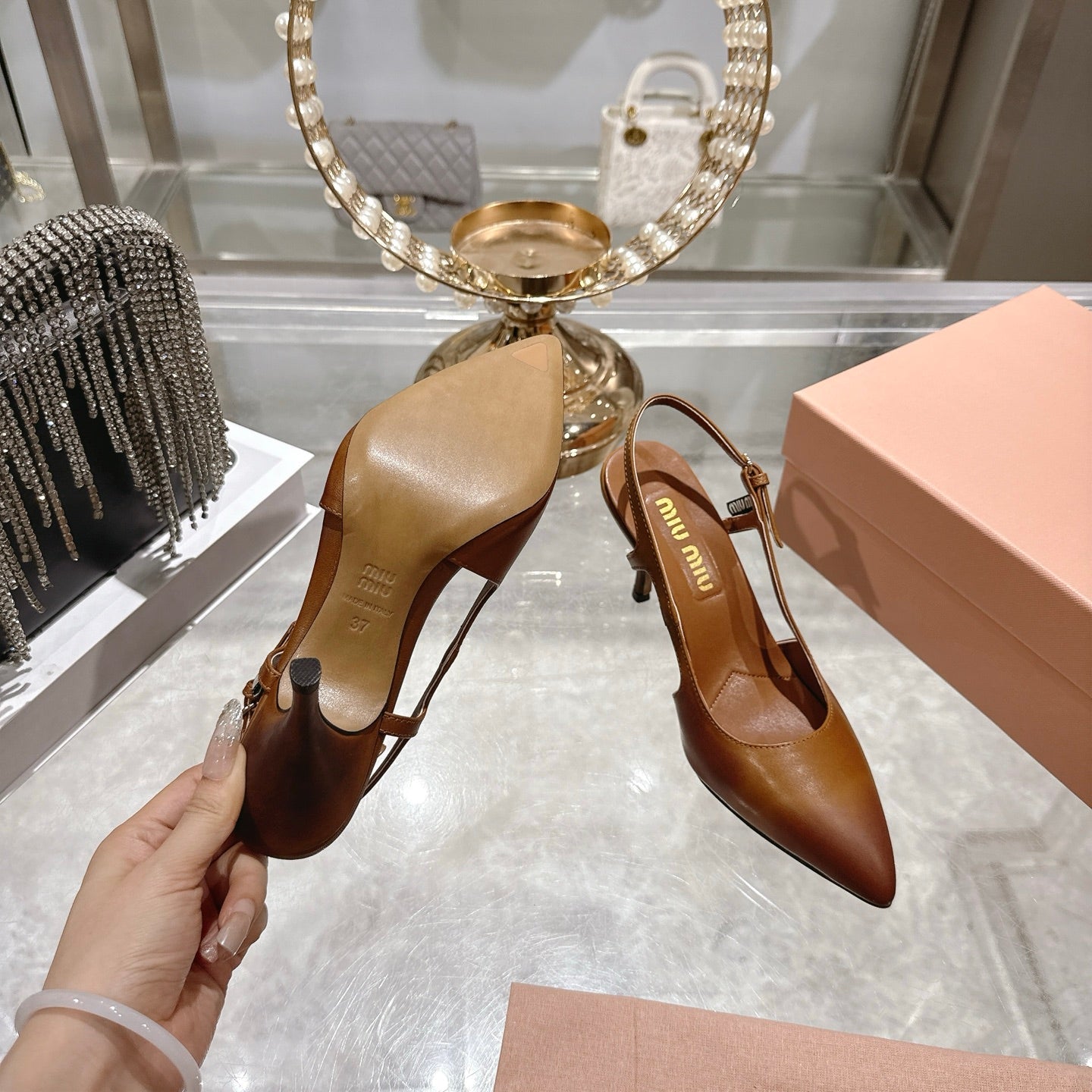 Miu 26 High Heel Slingback 75 Camel Brown Cowhide 592084
