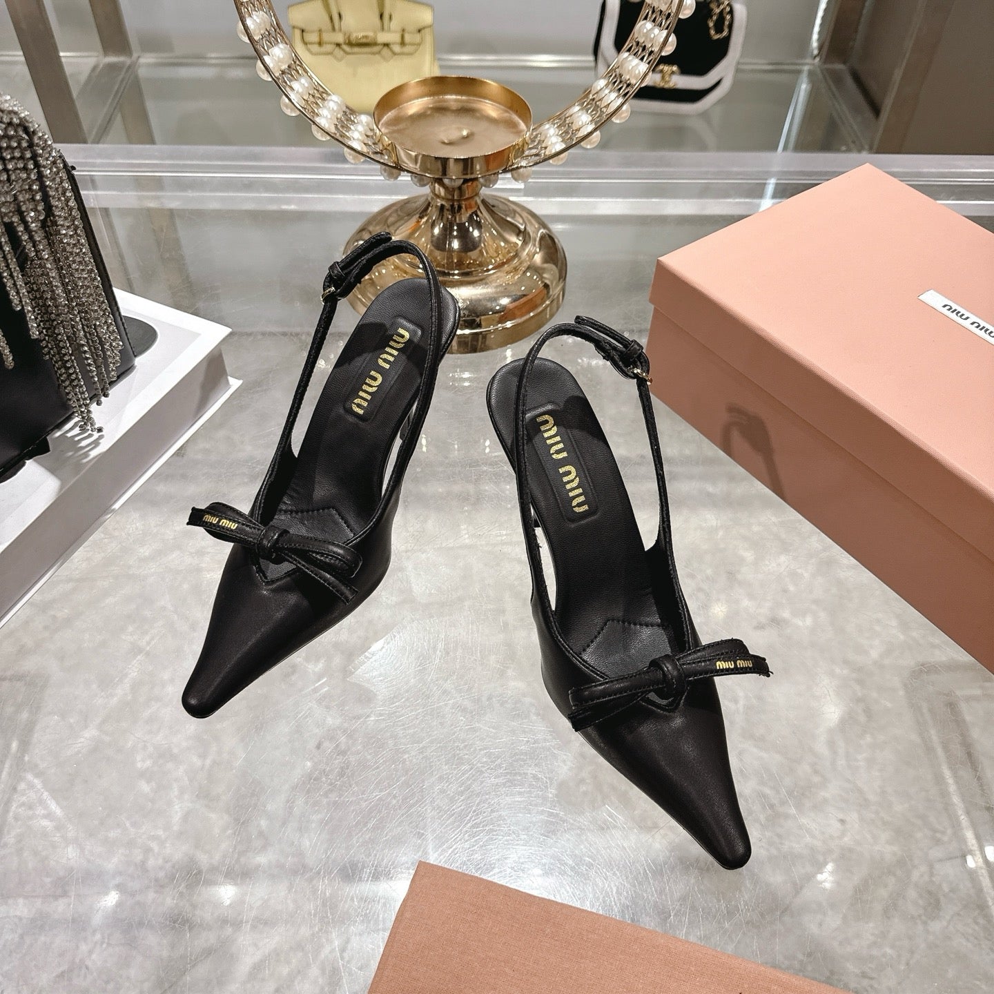 Miu 26 High Heel Slingback 80 Black Leather 592097