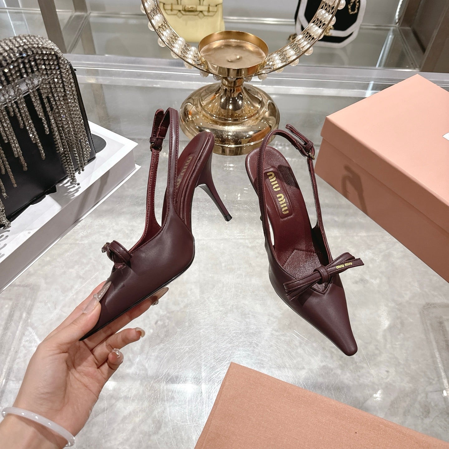 Miu 26 High Heel Slingback 80 Burgundy Leather 592098