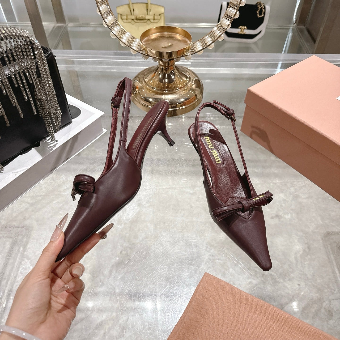 Miu 26 High Heel Slingback 45 Burgundy Leather 592095