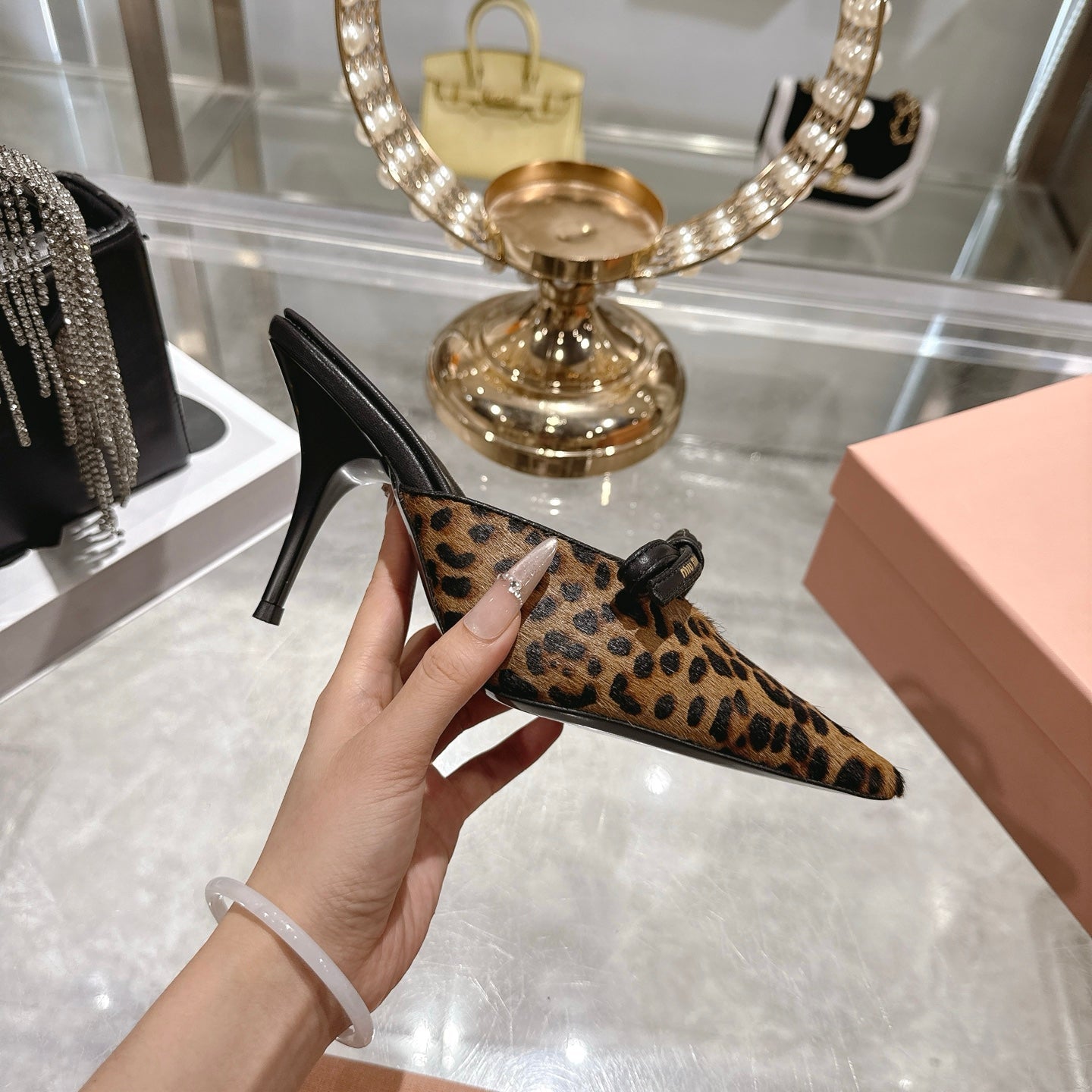 Miu 26 Pointed Toe High Heel Mule Leopard Print Sheepskin 592085